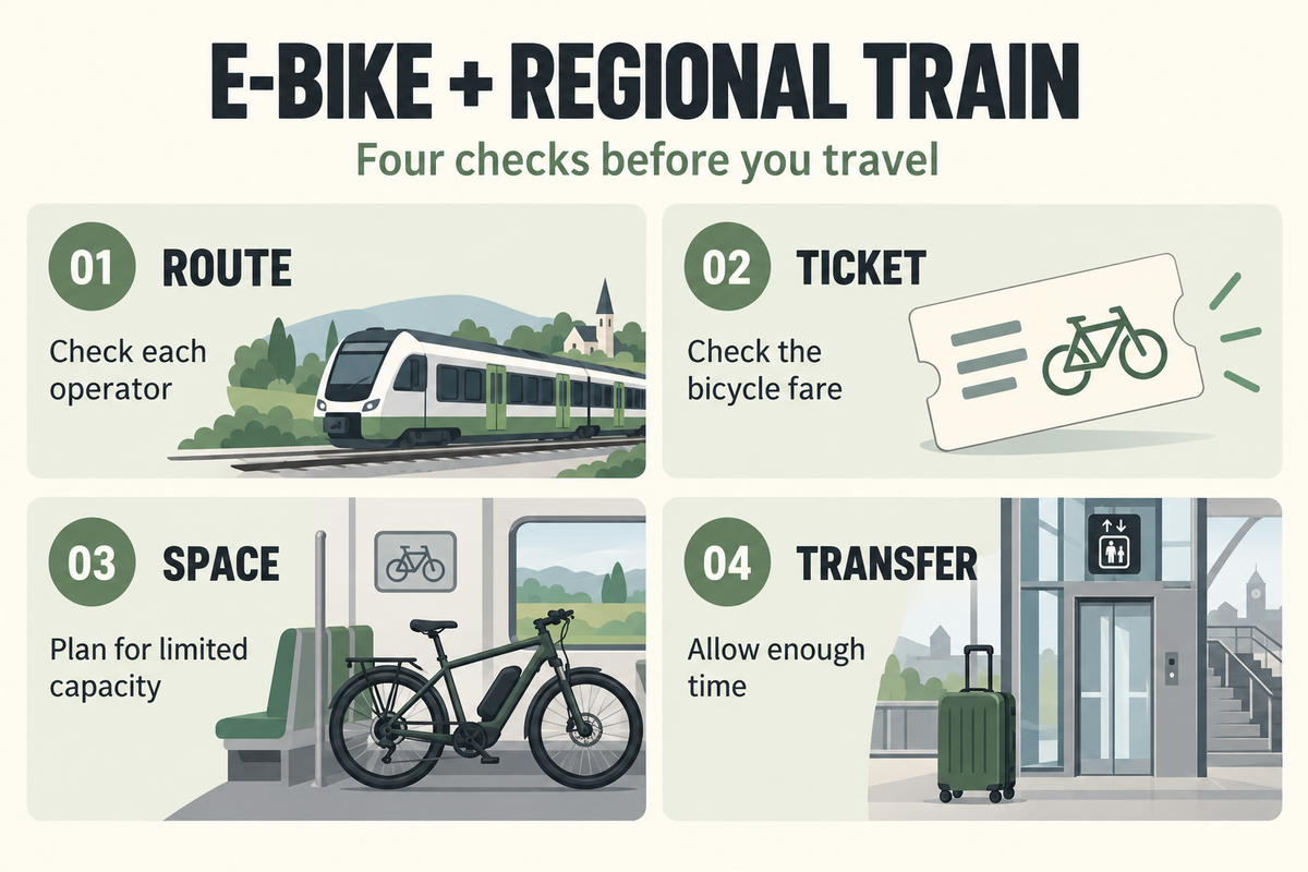Four checks for an e-bike regional-train trip: route, bicycle ticket, available space and transfer time