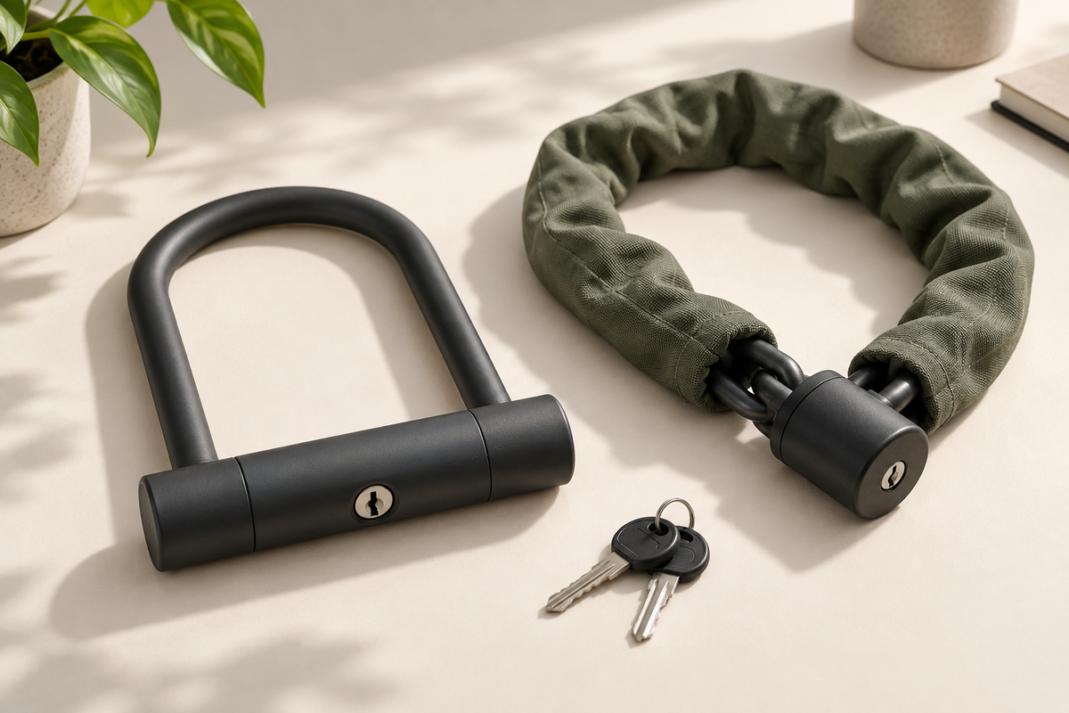 Illustrative U-lock, chain lock and keys for planning e-bike security