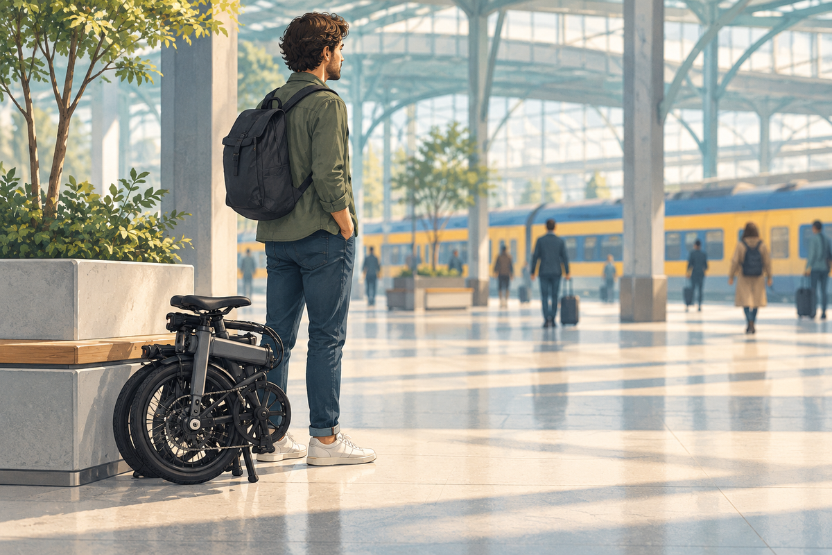 Illustration of a traveller beside a folded bicycle in a railway concourse