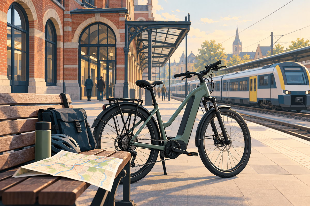 Illustration of an unbranded e-bike and journey notes at a generic Belgian railway station