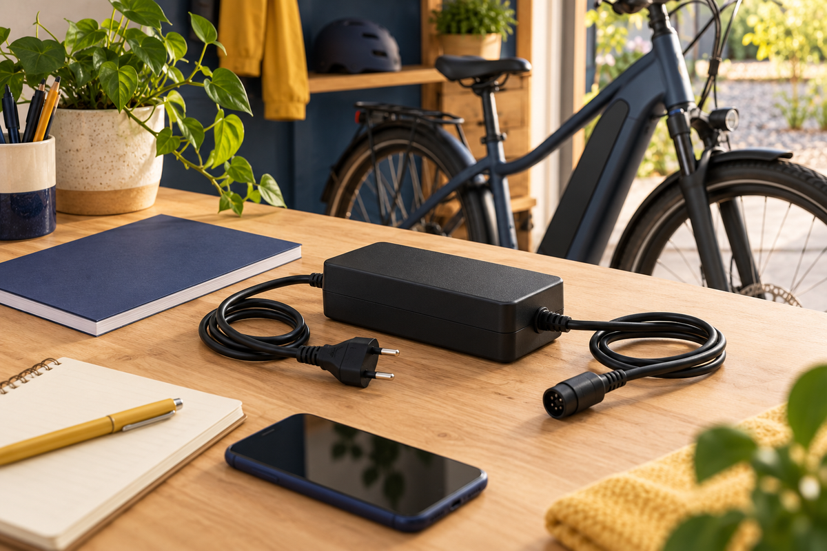 Illustration of an unplugged charger beside a notebook and manual for identifying a replacement