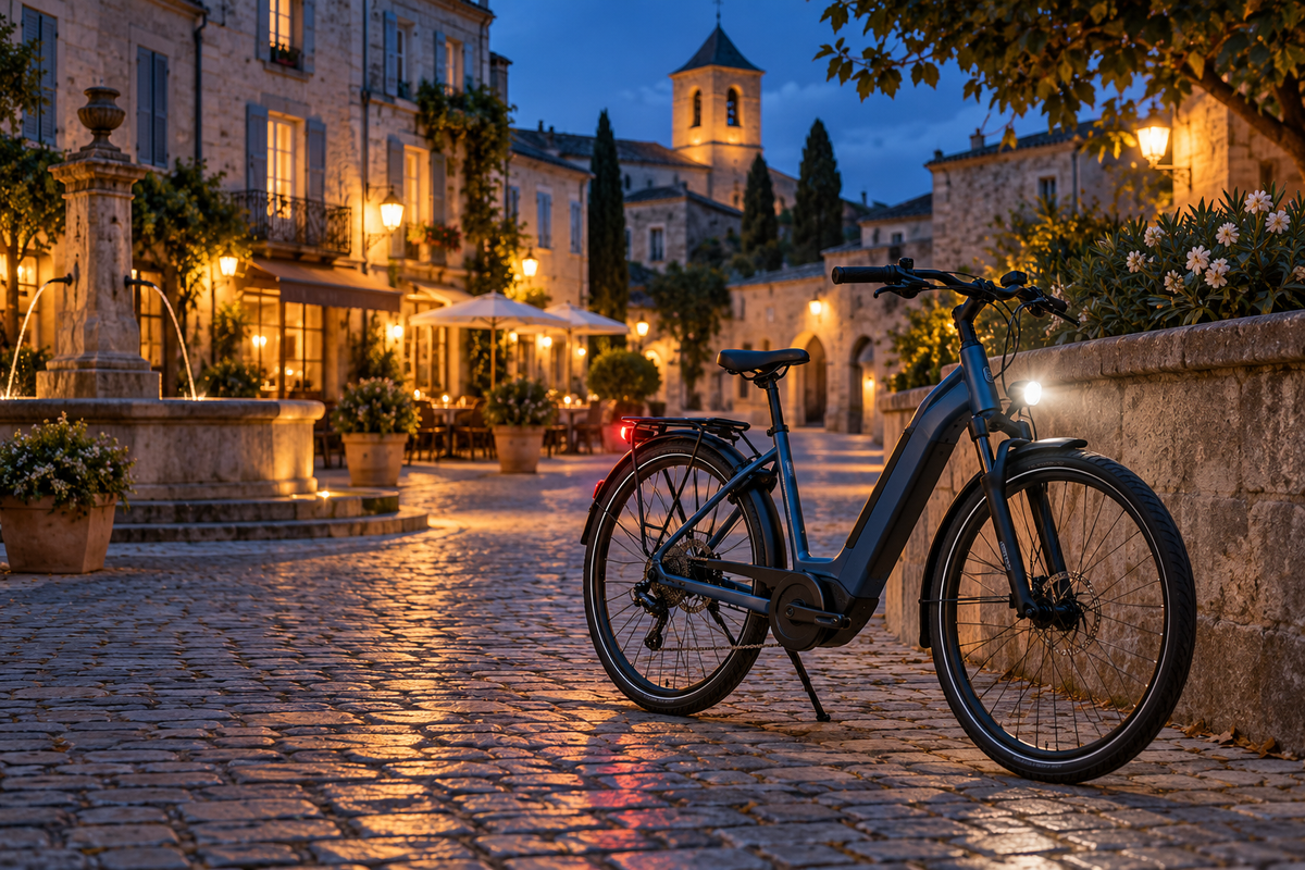 Illustrative unbranded electric bicycle with front and rear lights in a French-style square at dusk; not an actual TTGO model.