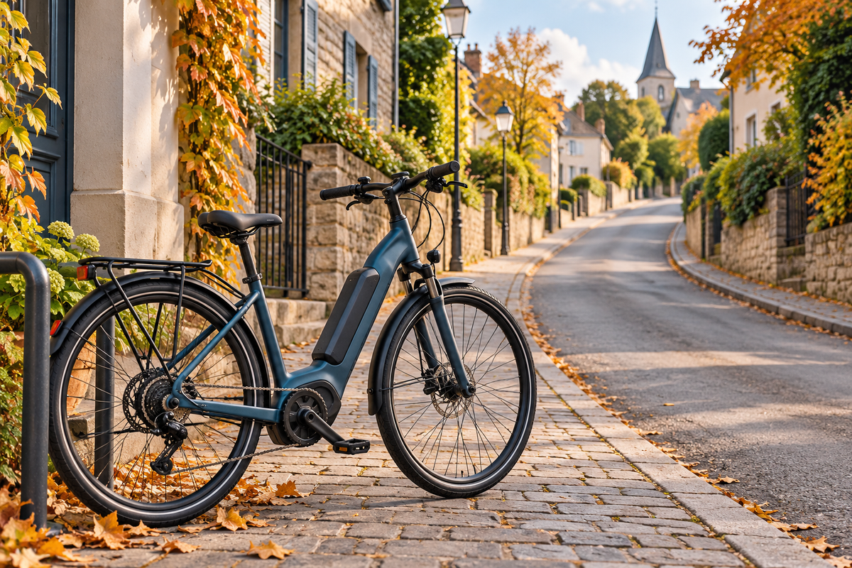 Illustrative unbranded commuter e-bike parked beside a quiet European street leading uphill; not a TTGO product photograph.