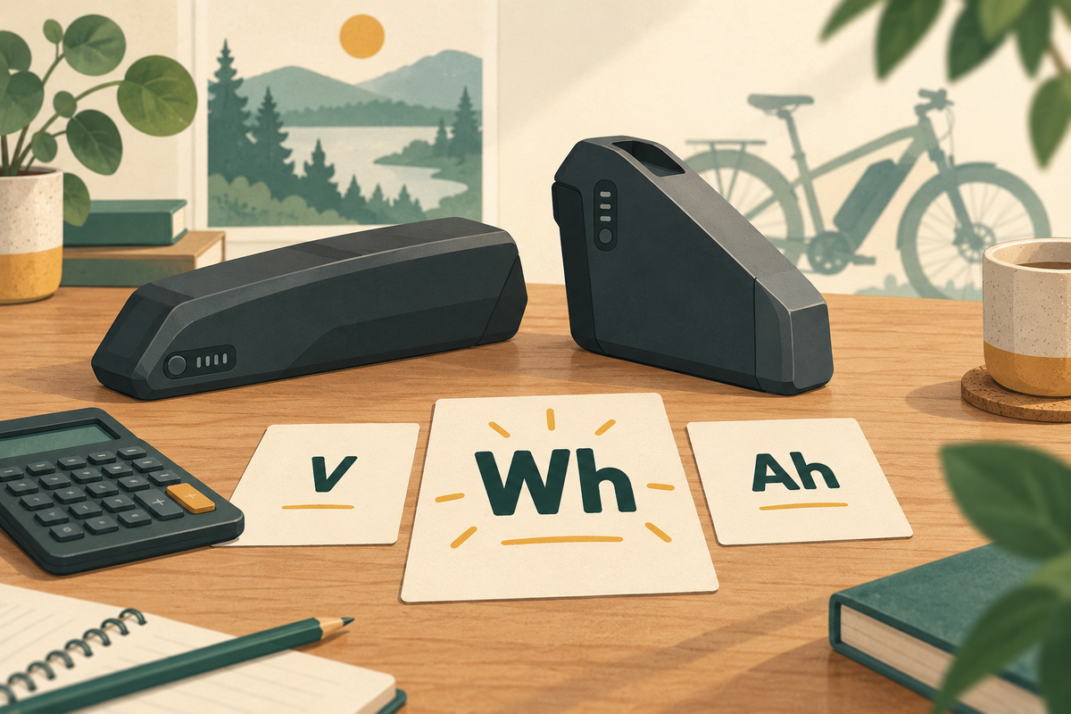 Illustration of generic battery packs and cards labelled V, Wh and Ah on a comparison desk