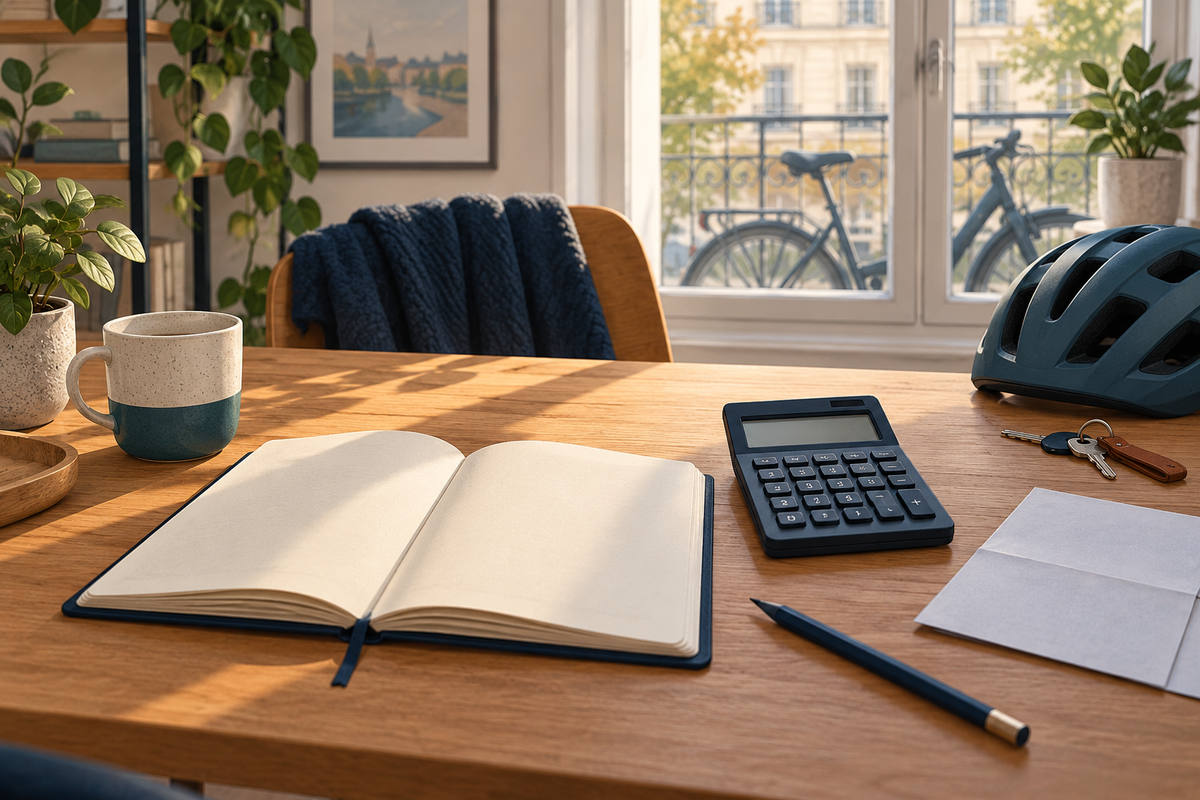 Illustrative e-bike budgeting desk with a blank notebook, calculator, helmet and keys