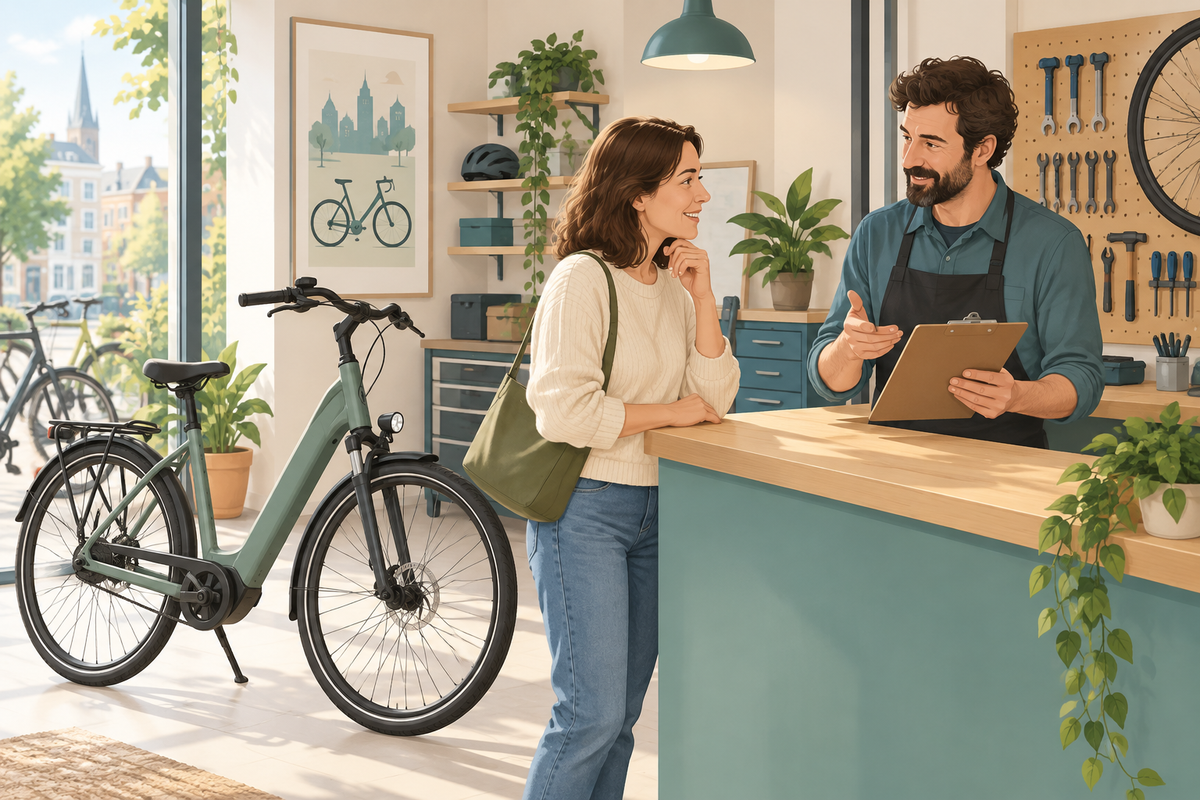 Illustration of a rider discussing bicycle servicing with a workshop professional