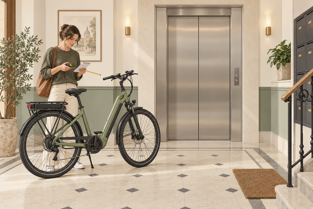 Illustration of a rider planning bicycle access beside an apartment lift with a tape measure and notebook