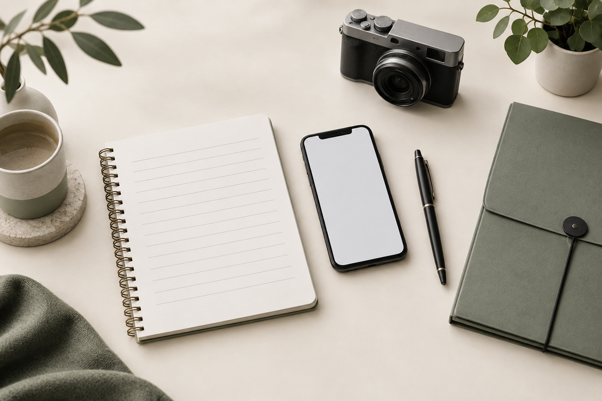 Illustrative notebook, phone and camera prepared for an e-bike support request
