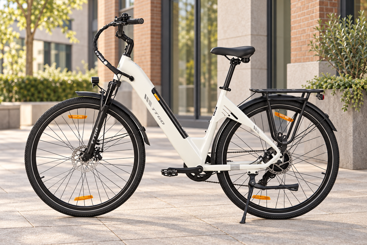 Illustration of a white TTGO C3 SE step-through e-bike parked beside a European-style office courtyard