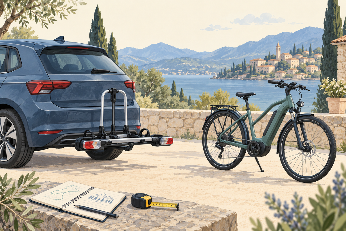 Illustration of an empty car bike carrier beside a generic e-bike during trip planning