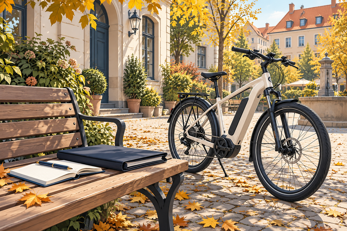 Illustrative electric bicycle beside a notebook and document folder in an autumn courtyard; not a TTGO product photograph.
