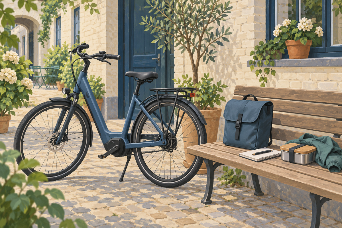 Illustration of an e-bike with an empty rear rack beside a detached pannier and commuting essentials
