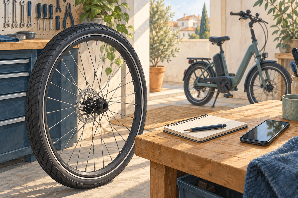 Illustrative bicycle wheel beside a notebook and phone for recording tyre details